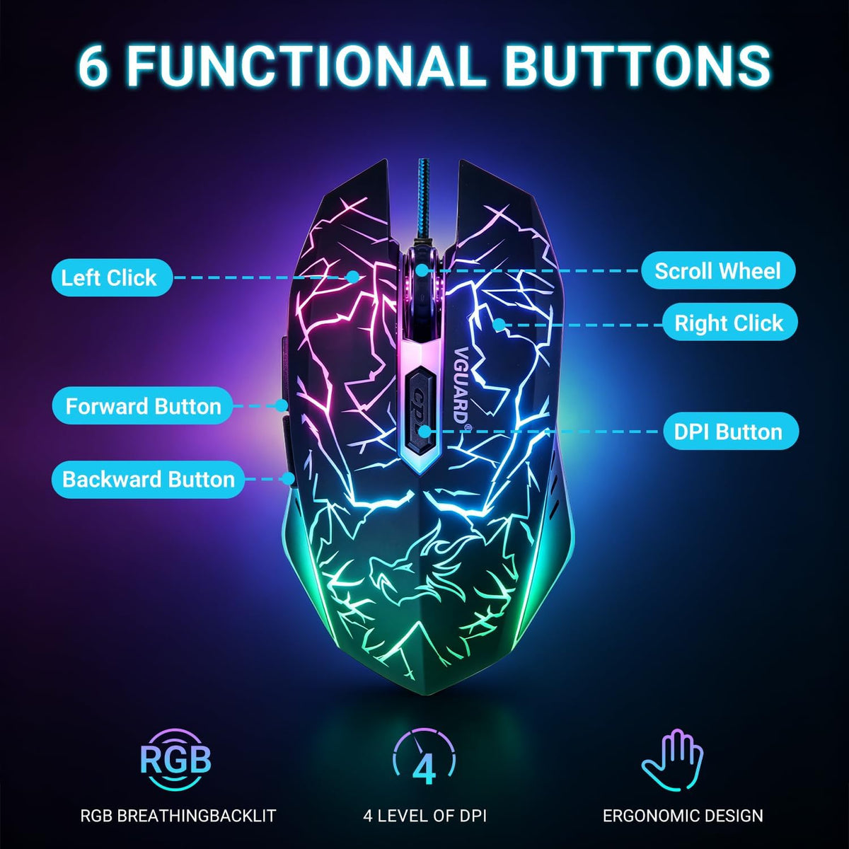 VGUARD Wired Gaming Mouse, 3600 DPI Optical Sensor, RGB Backlit Ergonomic USB PC Mice with 6 Programmable Buttons, 7 Colors LED, Professional Gamer Mouse for Laptop, Computer, Windows/Mac