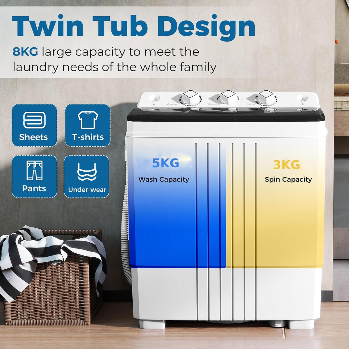 COSTWAY Twin Tub Washing Machine, 8KG (5KG Washer+3KG Dryer)