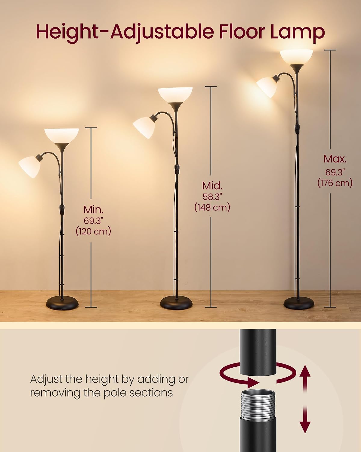 VASAGLE LUSIA LED Floor Lamp, Uplighter, Reading Light, 38.5x23.5x176cm