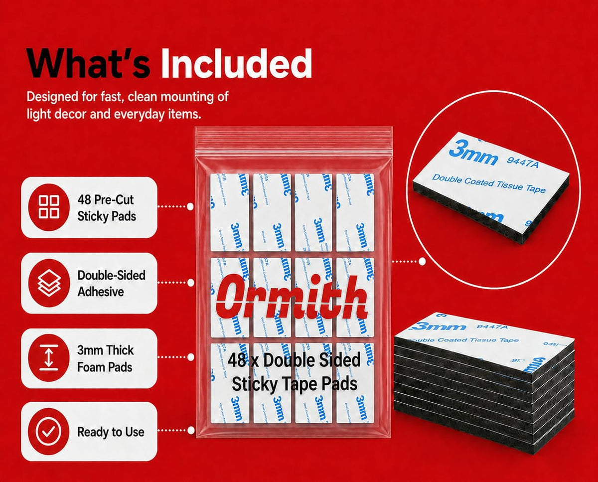 Ormith Double Sided Tape Heavy Duty 48 Pcs | Strong Double Sided Sticky Pads for Outdoor Indoor Wall Mounting | Water Proof Adhesive Strips for Quick Damage-Free Hanging (50 x 30mm)