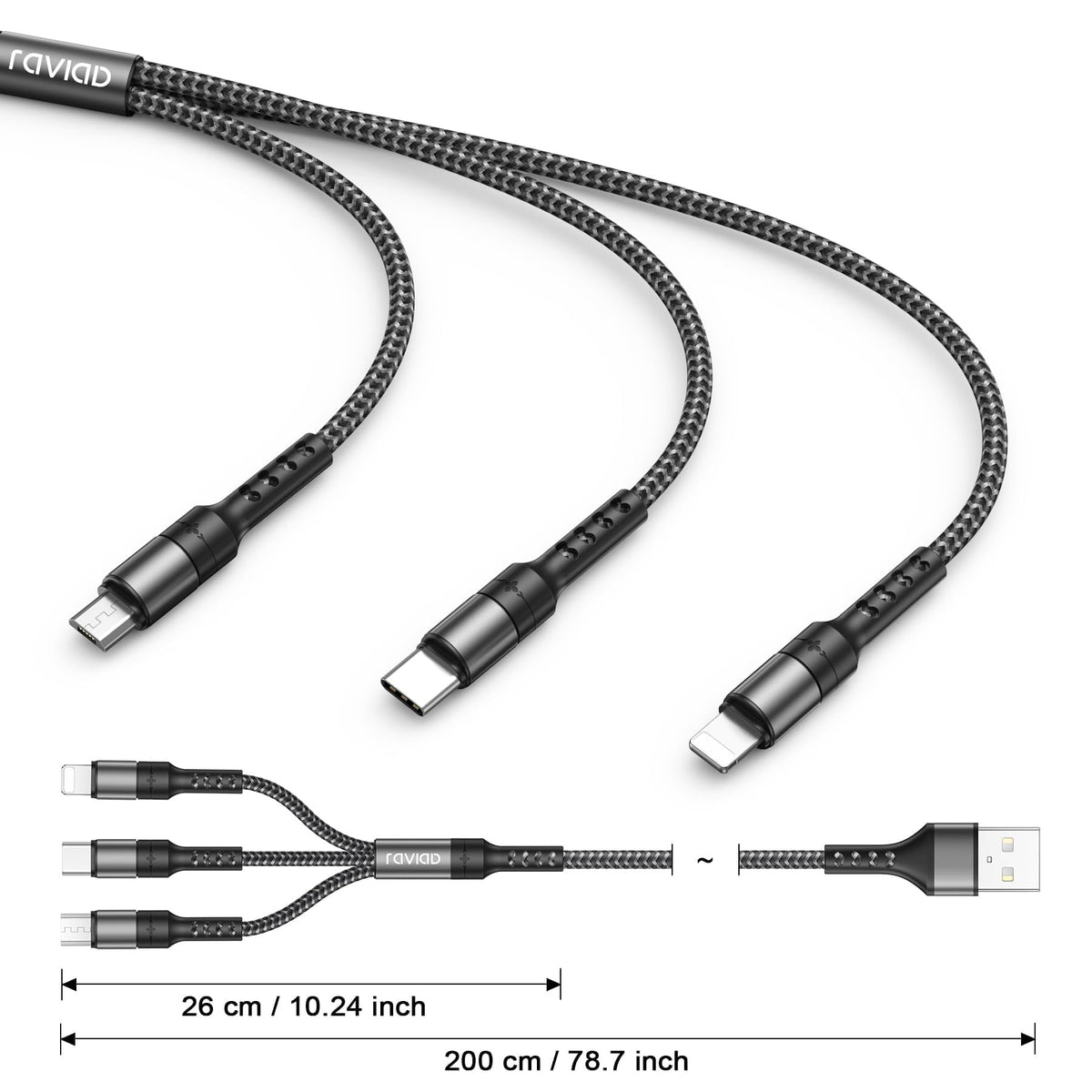 RAVIAD Multi Charger Cable 3 Packs 1.2M 3 in 1 Charging Cable Nylon Braided