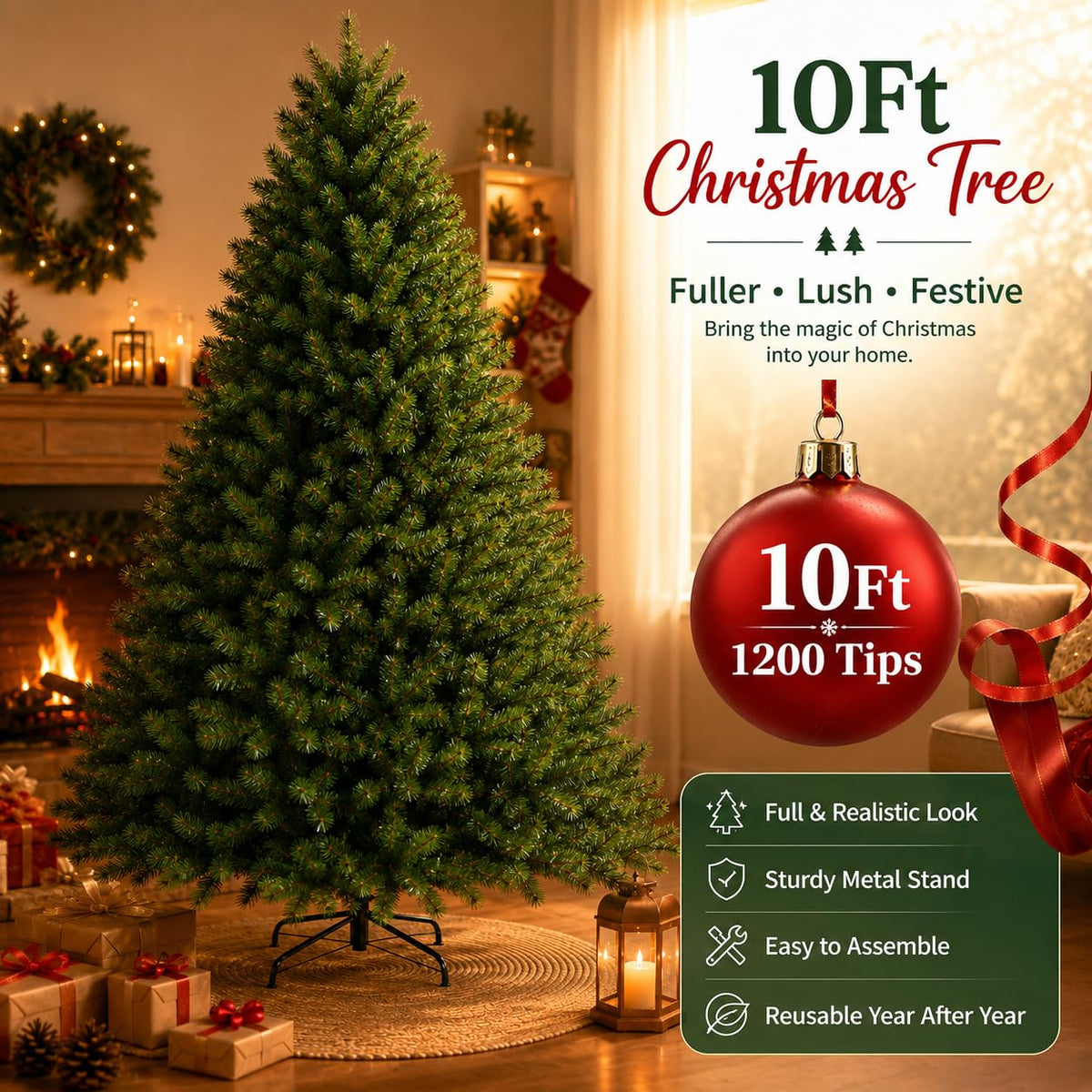 6ft (1.83M) Artificial Christmas Tree, Realistic Green with Metal Stand