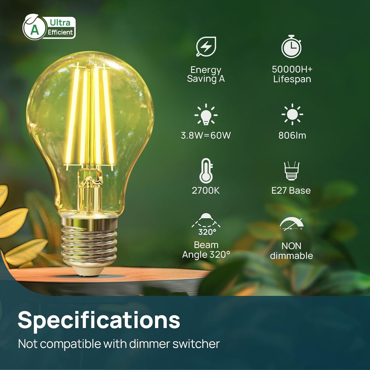 Linkind E27 LED Bulb, Ultra-efficient A-Rated 7.2W=100W Equivalent, 2700K Warm White 1521lm, Edison Screw in Light Bulb, Clear Glass Vintage Filament LED Bulb, 50000H Lifespan, 6 Pack
