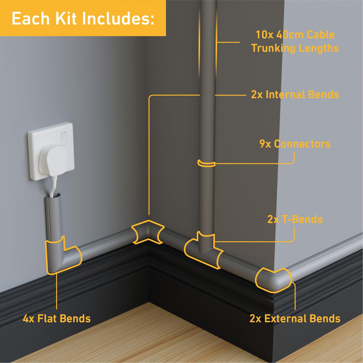 D-Line 30x15mm Cable Trunking 4m Multipack, Half Round Profile, Self-Adhesive Wire Cover, Paintable Cable Management - 10x 30mm (W) x 15mm (H) x 40cm Lengths and Accessories - White