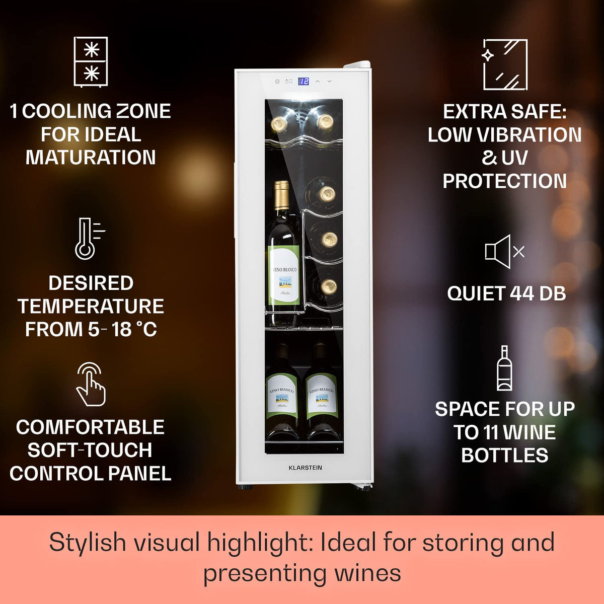 KLARSTEIN Shiraz Wine Cooler Black – 8 Bottles, 1 Zone | Freestanding Wine Fridge with Glass Door, Quiet, 5–18 °C, LED, Stainless Steel Frame