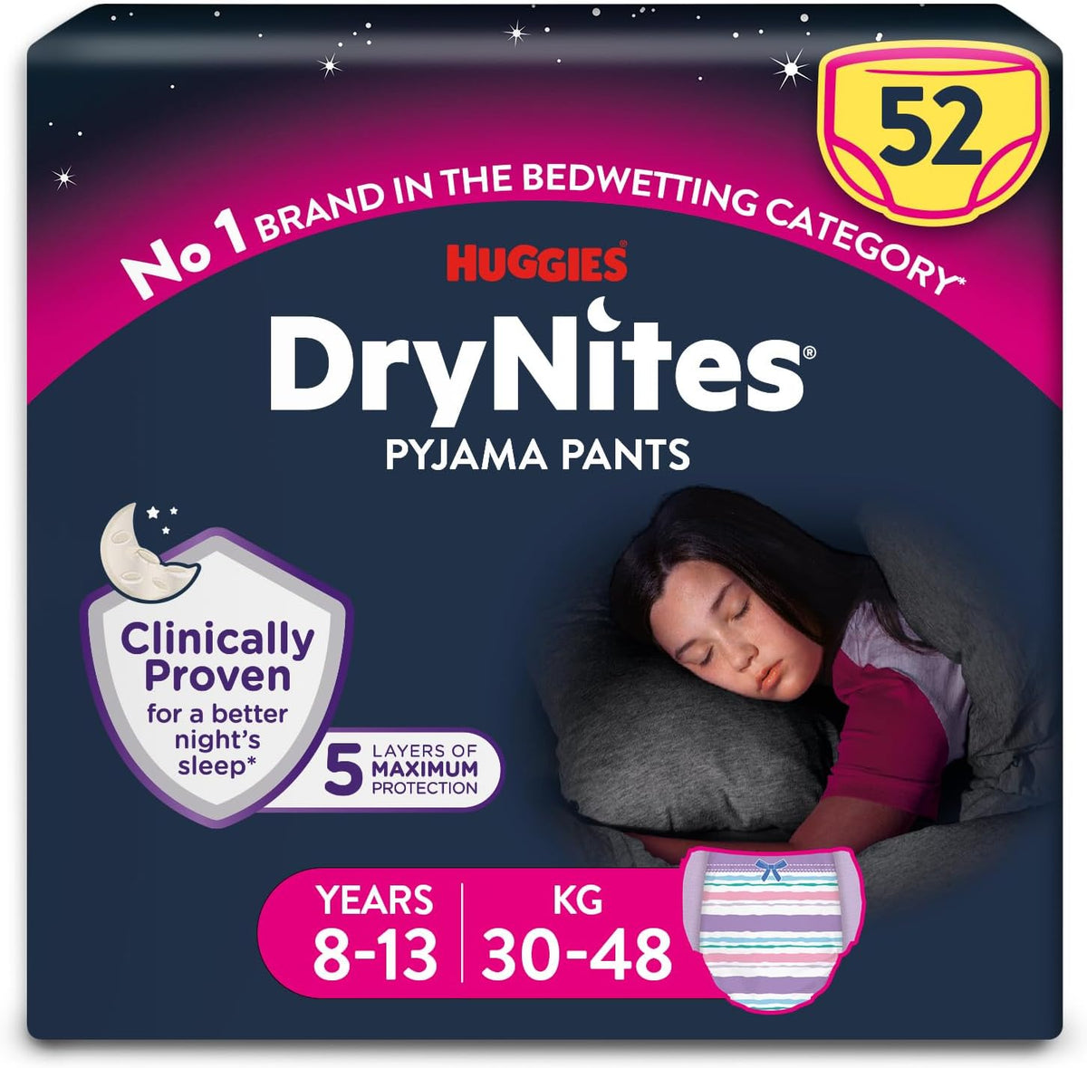 HUGGIES DryNites, Pyjama Pants, Girls 8-13 Years (30-48KG), 52 x Bedwetting Pants, Up to 100% Leak Free Nights