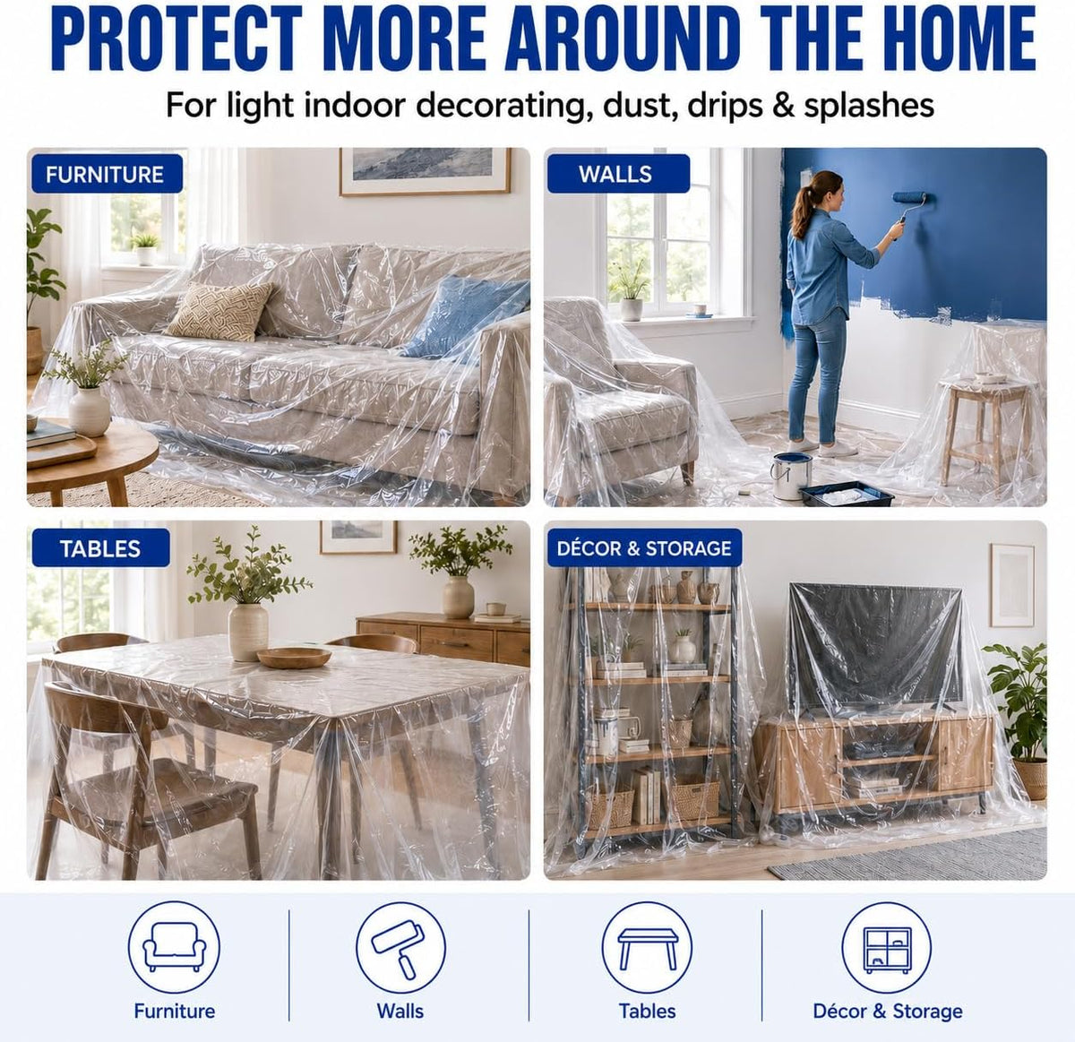 Raulde 6 Pack Extra Large Plastic Dust Sheets for Decorating 3.6 x 3m (12 x 10ft), Light Dust Sheet for Painting & Furniture - Plastic Sheet - Plastic Sheeting - Decorating Sheets - Dust Cover