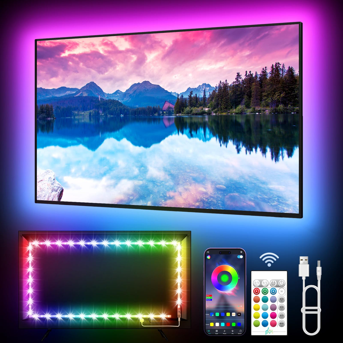 KANTUTOE TV Lights, 4m RGB LED Strip Lights for 32-55 Inch TV, Music Sync Bluetooth APP and Remote Control, USB Powered for Gaming/Bedroom