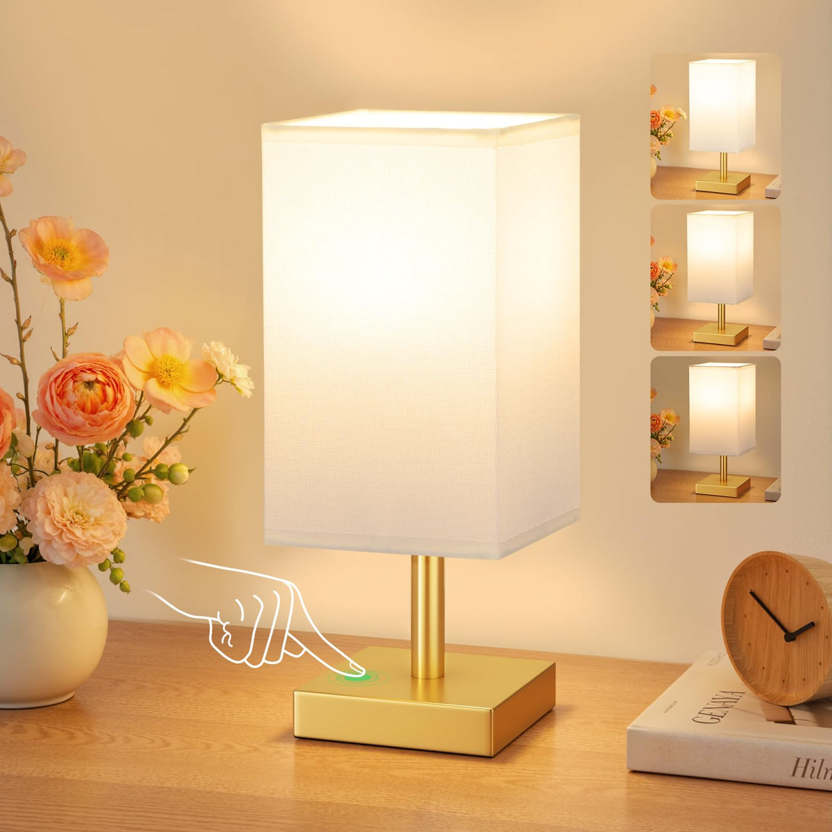 White Table Lamp for Bedroom, Small Bed Lamp with for Bedroom, Silver Base(Bulb Included)