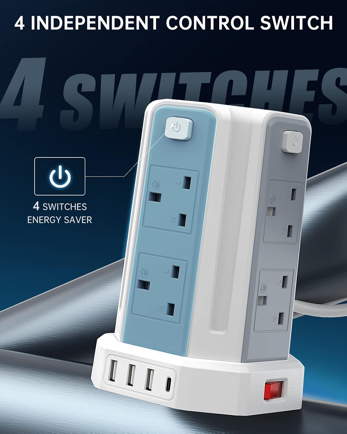 Tower Extension Lead 3M, 8 AC Outlets and 4 USB Ports Extension Tower