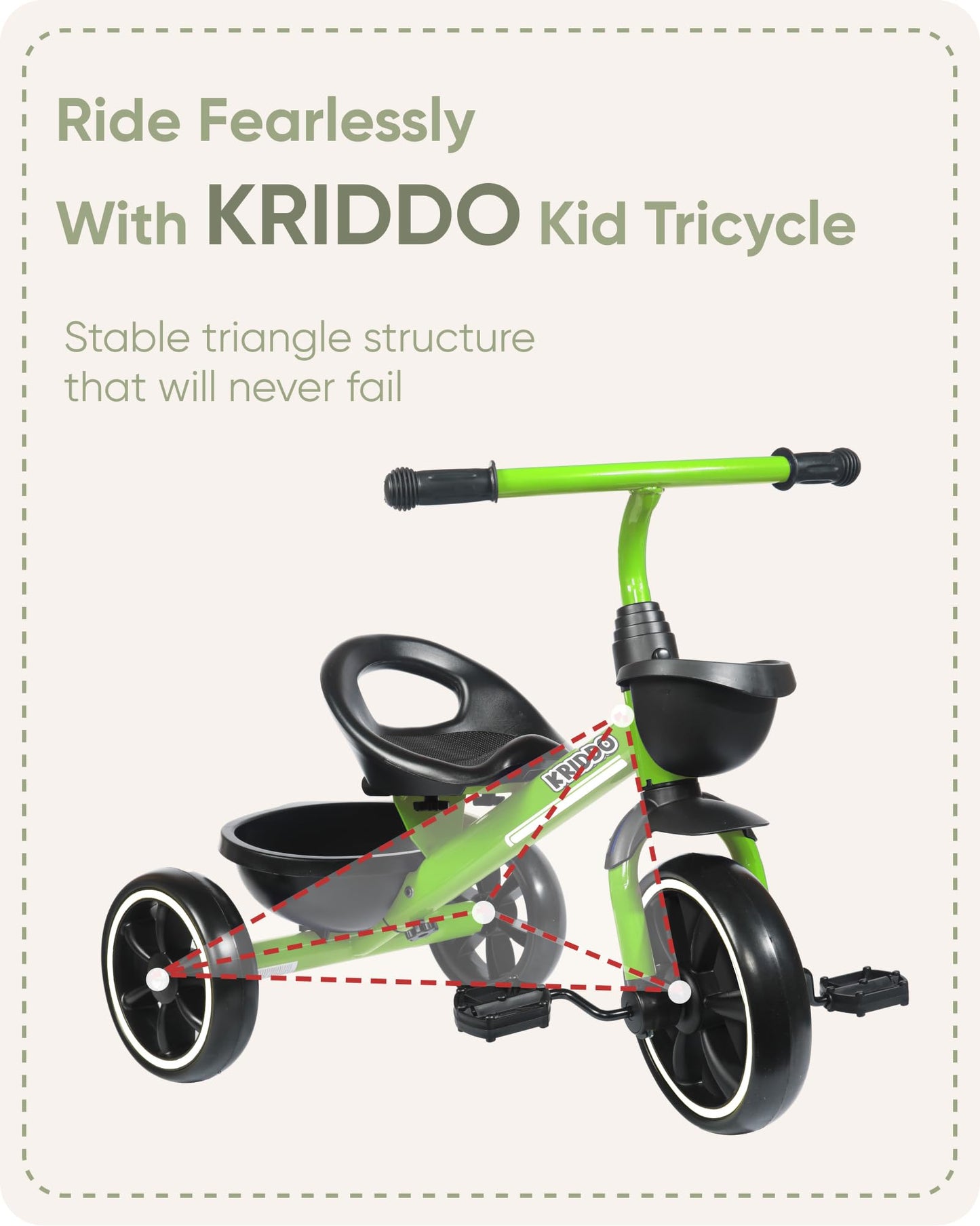 KRIDDO Toddler Tricycle — Anti-Tip Design, BPA-Free | Ages 18 Months to 4 Years | Pink
