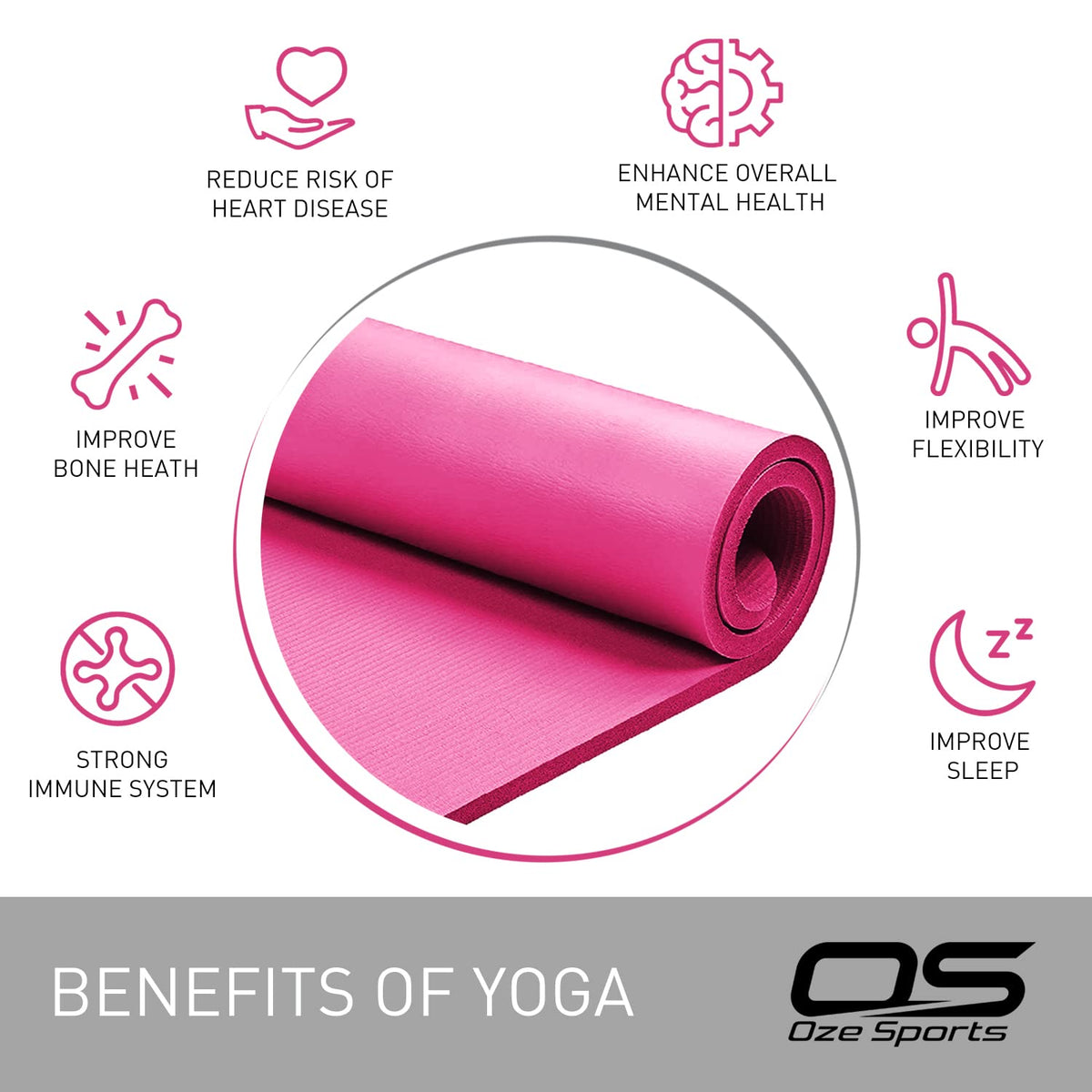 OZE SPORTS Yoga Mat, NBR Foam, Extra Thick, Non-Slip, High Density, Large, for Pilates, Gymnastics, HiiT and Fitness, with Free Carry Strap
