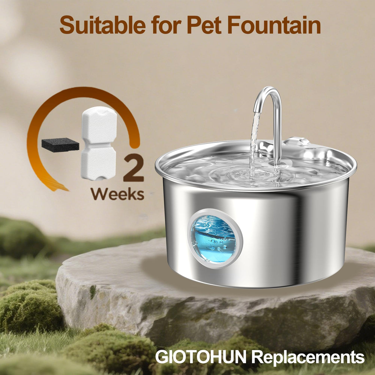 Cat Water Fountain Stainless Steel: Water Fountain Cat Bowl - 3.2L Drinking Fountains for Cats - Pet Water Dispenser - with 6 Carbon Filters + 3 Sponges