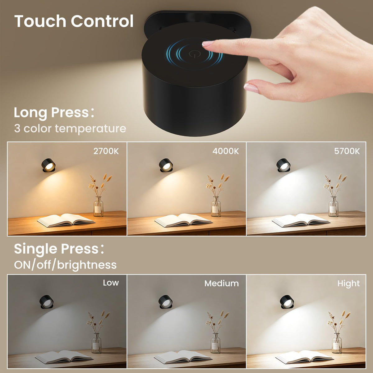 Coollamp LED Battery Operated Wall Lights, 3Pack Wall Lamp with Remote Control 3 Color Modes 3 Brightness Levels 360°Rotate Magnetic, Reading Lights for Living Room Bedroom Black