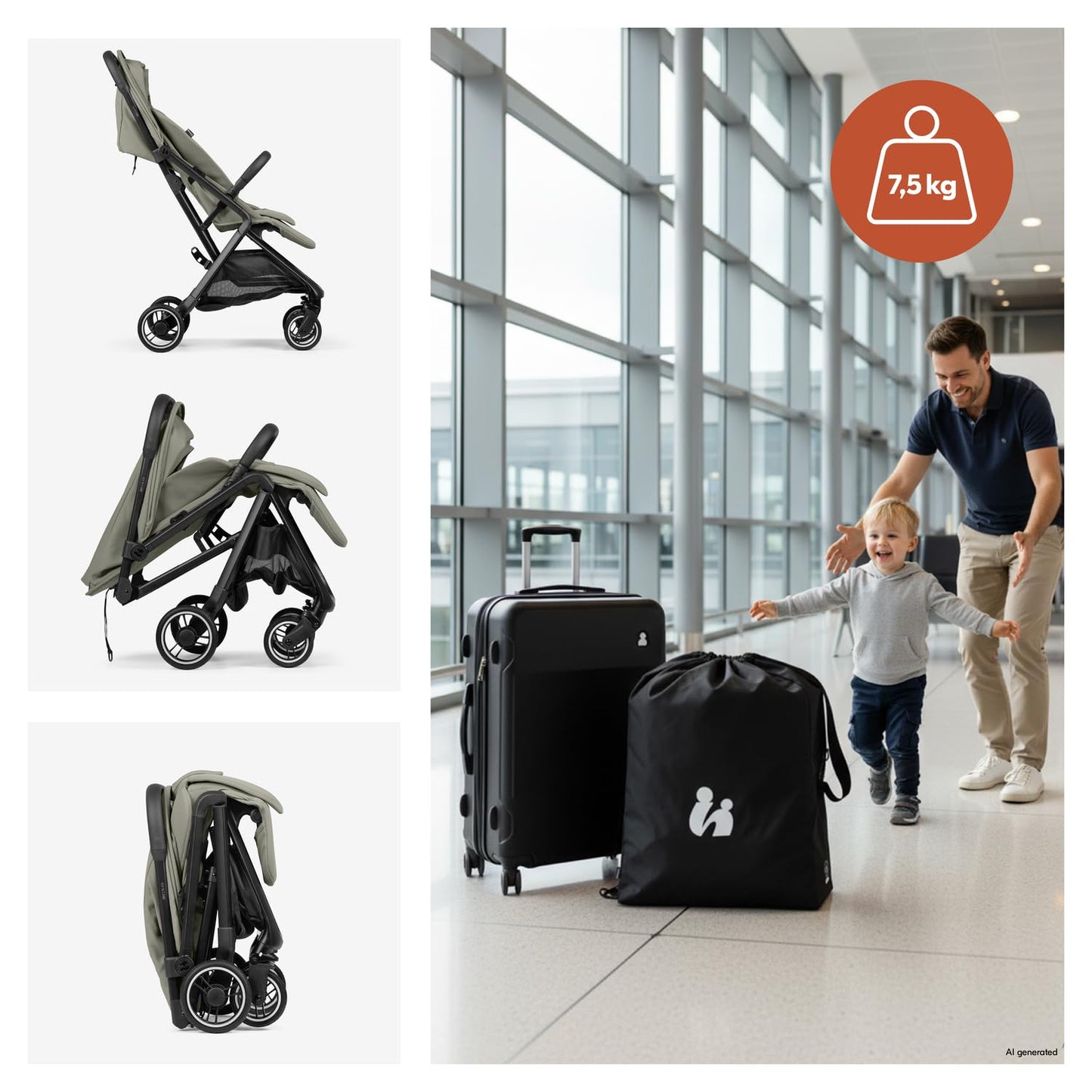Hauck Fly N Care, Sage Green - Ultra Compact & Light Travel Pushchair (7.5kg) with One Hand Fold, Carry Strap & Bag, Seat Liner, Car Seat Adapter, UPF 50+ Sun Canopy, Fully Reclining Birth to 22 kg