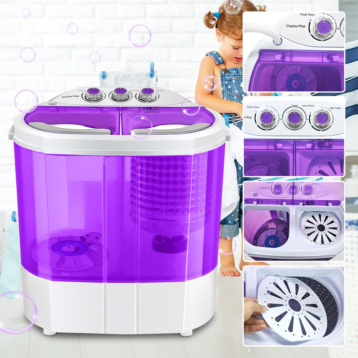 Display4top Electric Mini Portable Compact 3.6KG Capacity Washer Washing Machine Spin Dryer Laundry(Blue)