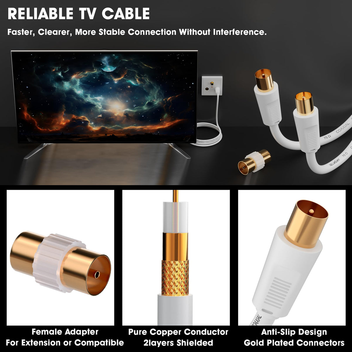 TV Aerial Cable 1m, 75 Ohm Coaxial Lead, IEC 9.5mm Male to Male 3C2V Pure Copper Dual Shielded, Right-Angle Connector, Female to Female Adaptor Included, Black