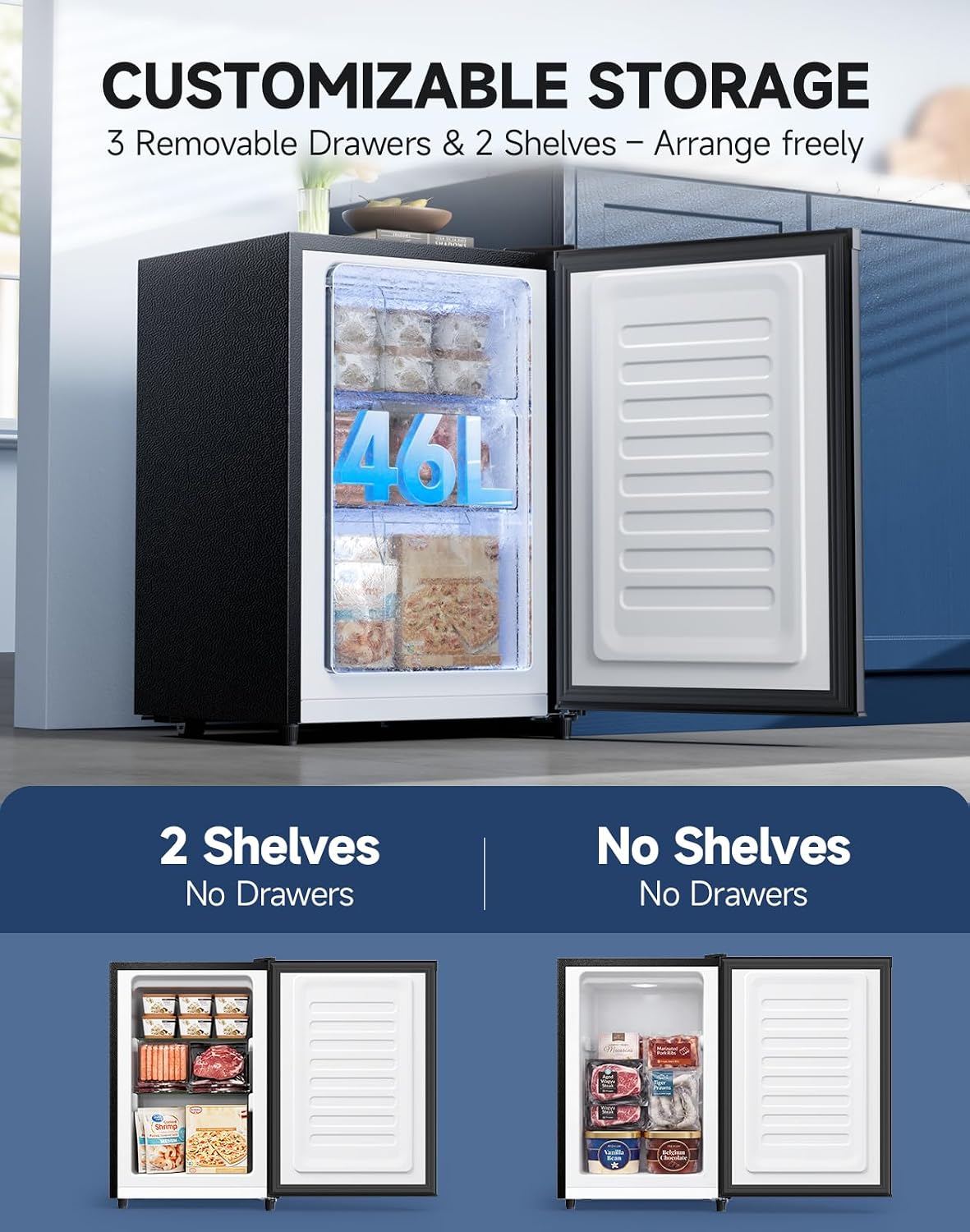Small Freezer Freestanding Upright Freezer 46L, 3 Drawers, Black