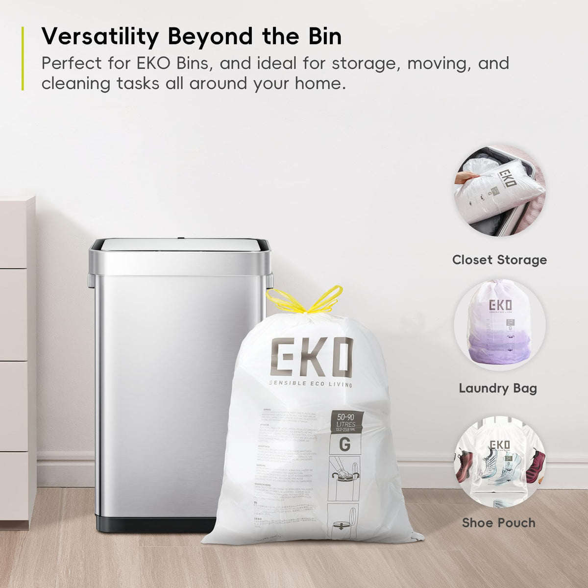 EKO Bin Bags, Kitchen Bin Liners, Drawstring, 40-60 Litre, 12 Count, Code F
