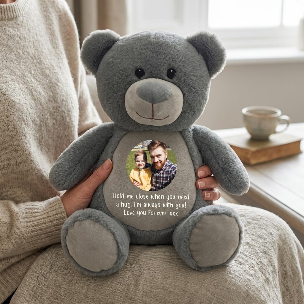 Large Personalised Photo Ashes Keepsake Memory Teddy Bear - Grey | Metal Heart Shaped Tin Ashes Urn | Bereavement Memorial Keepsake | Custom Photo & Message | Sympathy Gift | 42cm Tall