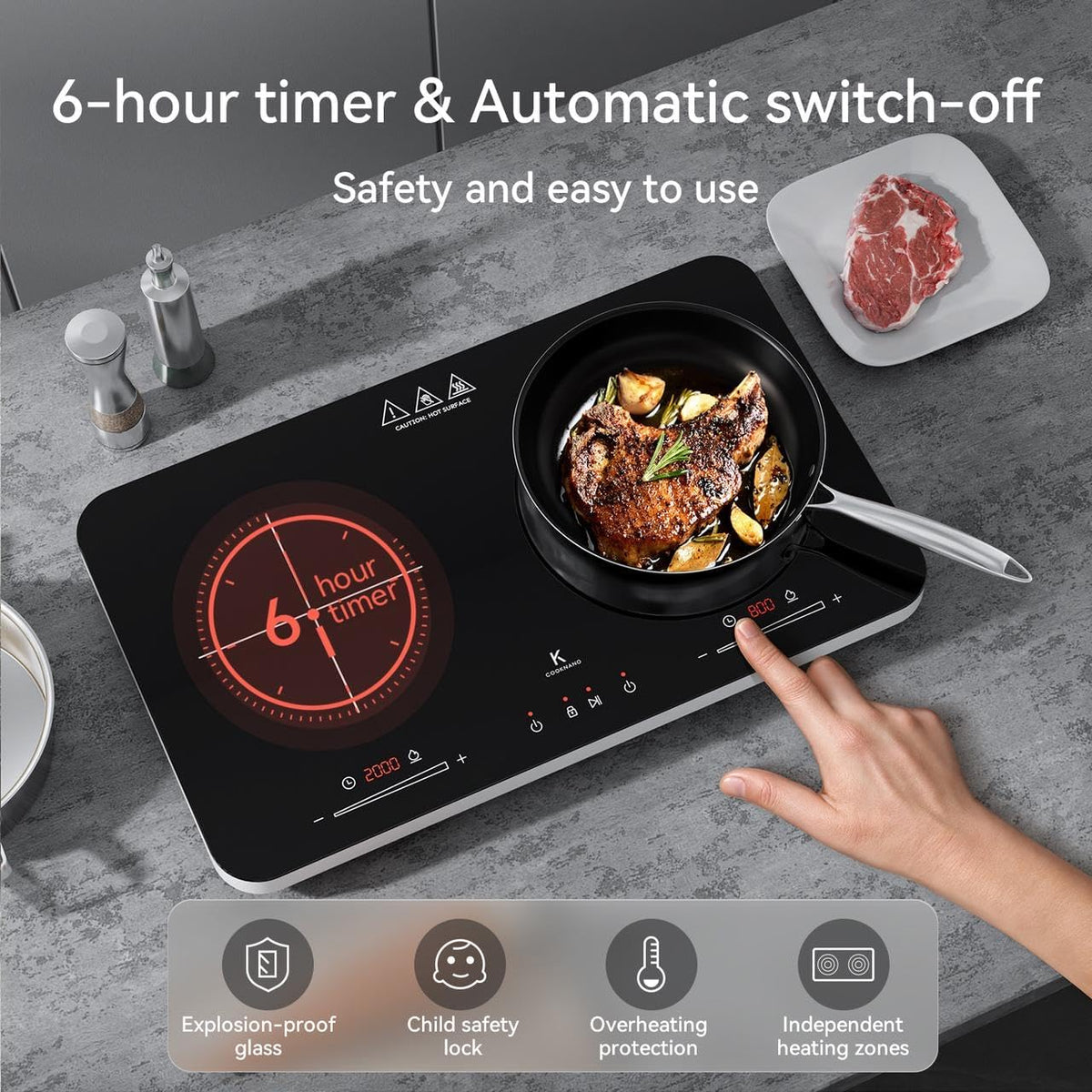 Induction Hob 2 Plates, Double Induction cooktop Independent Control 2800 W, 20 Power and Temperature Settings, 6-Hour Timer, Portable Induction Hob, Children's Lock