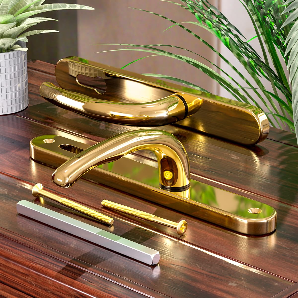 Bwintech 1 Set Black UPVC Door Handle Set, 92mm Backset,122mm Screw Hole Distance, 210mm Plate Length Front Door Handles for UPVC Door