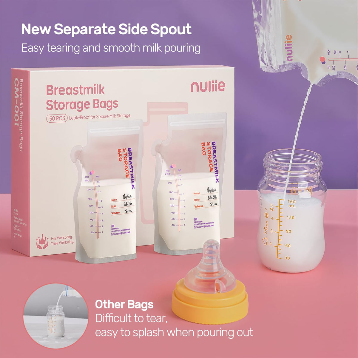 Nuliie 120 Pcs Breast Milk Storage Bags, 250ml BPA Free Milk Storage Bags with Pour Spout for Breastfeeding, Self-Standing or Flat Pre-sterilised Bag, Space Saving for Fridge or Freezer Use