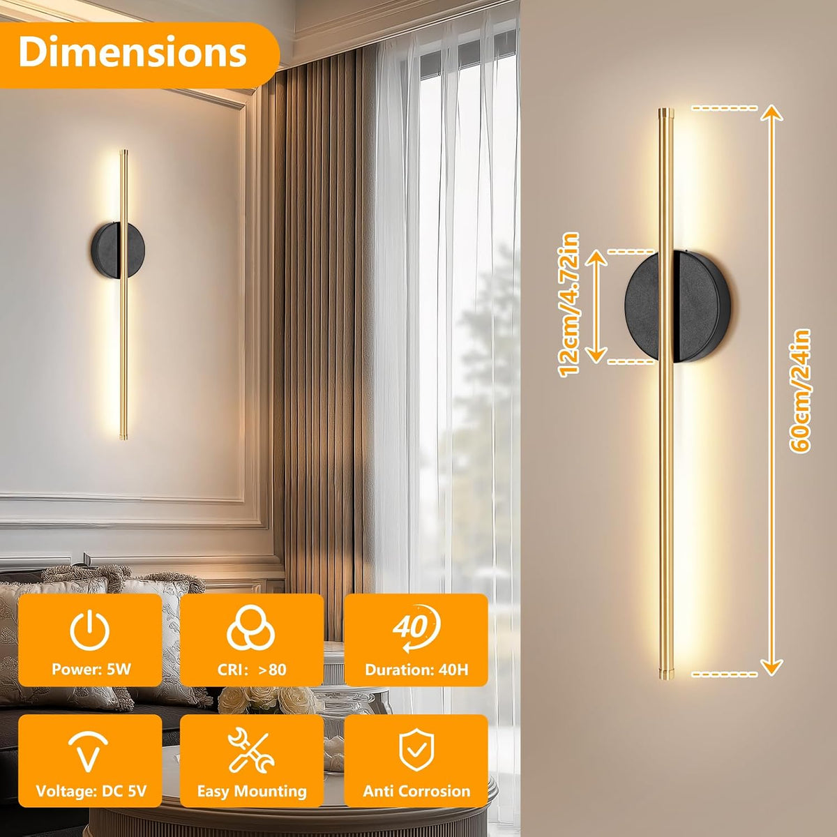 Dehobo 80CM Rechargeable Wall Lights with 8000mAh for Home Decor, 2 Packs