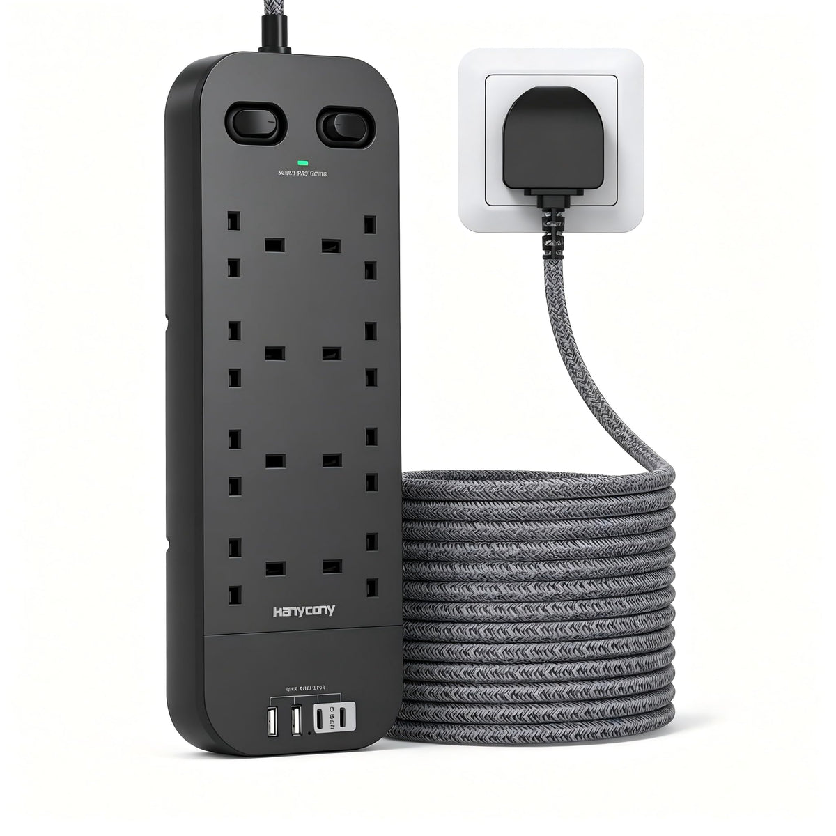 Extension Lead with 2 USB C Slots, 8 Way Power Strip Surge Protector