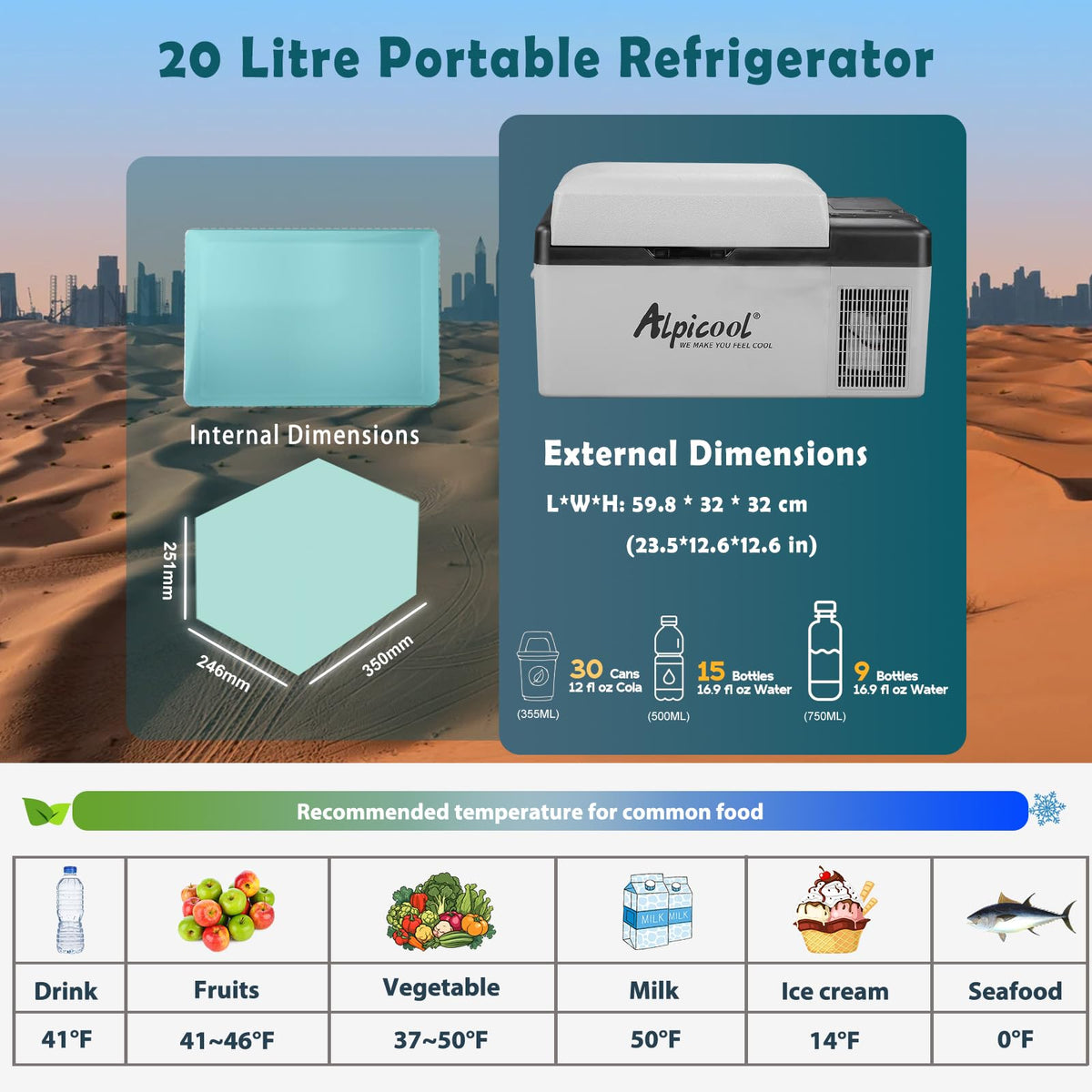 Alpicool 20L Car Fridge Freezer Portable Compressor Refrigerator, 12/24V DC & 230V AC Camping fridge -20℃~20℃ with APP Control, Energy Saving cooler for Caravan, Camping, Home, RV