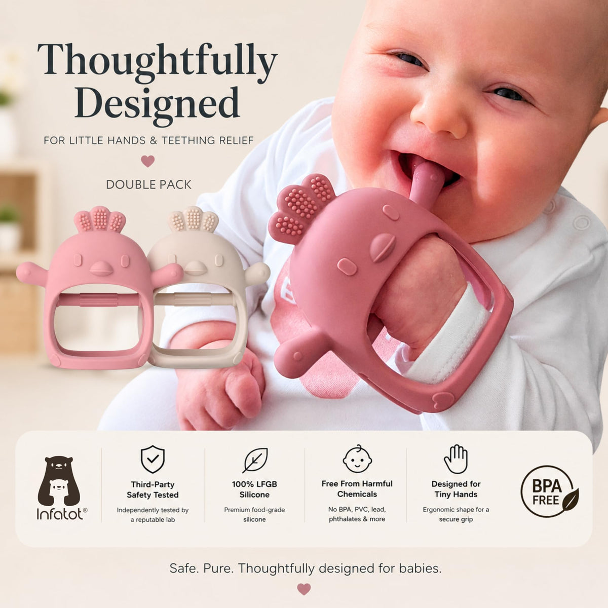 Infatot® Teething Toys for Baby Gifts – Chipmunk Silicone Mitten Teether, Soothing Glove for Infants, Baby Toys 0-6 Months, Soft Chewable Teether Toy to Prevent Finger Sucking, CM Blue.