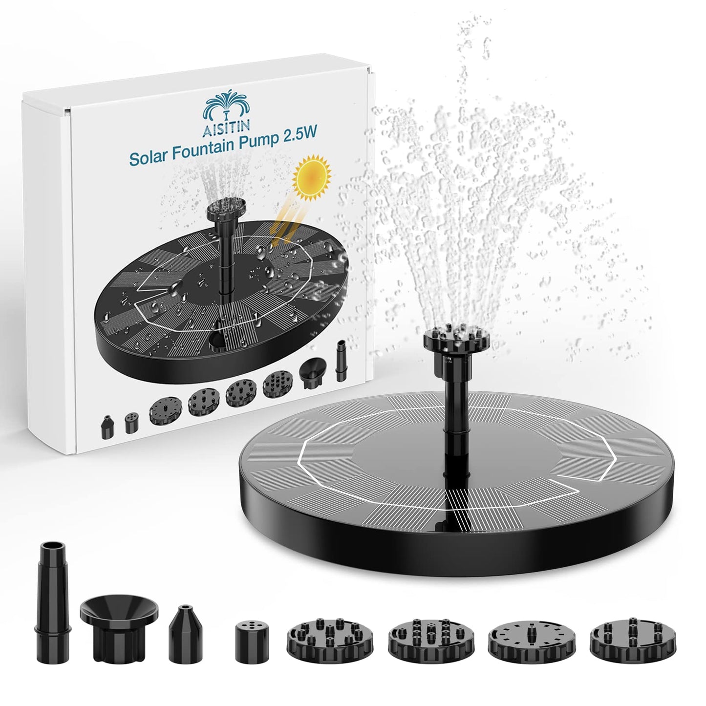 AISITIN Solar Water Fountain, Solar Powered Water Fountain with Multiple Nozzles, Floating Solar Pond Pump,Solar Water Feature for Bird Bath, Garden, Pond, Pool and Fish Tank