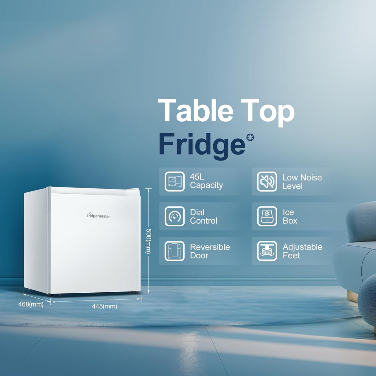 Fridgemaster 45L Table Top Mini Fridge MUR4545, 45cm Compact Refrigerator with Adjustable Thermostat, Reversible Door, 39dB Low Noise, White, Energy Class E