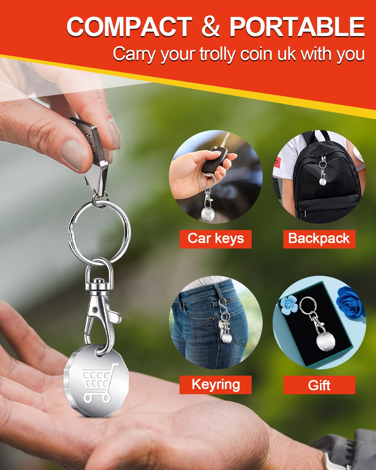 Caianwin Trolley Token Stainless Steel Trolley Coin UK Pound for Removable Supermarket Keyrings – 12 Sided Shopping Carts Key Clip Ideal for Shopping Basket Locker