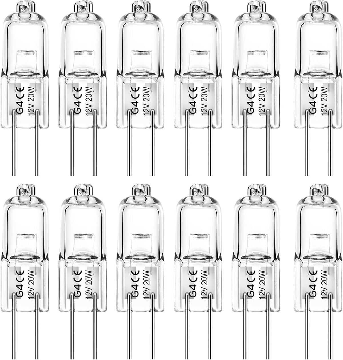 G4 Halogen Light Bulbs 20W 12V, 12 Pack 2 Pin Light Bulbs Clear Capsule Lamp Bulb Warm White Dimmable for Ceiling Lights, Table Lamps, Cabinet Lights