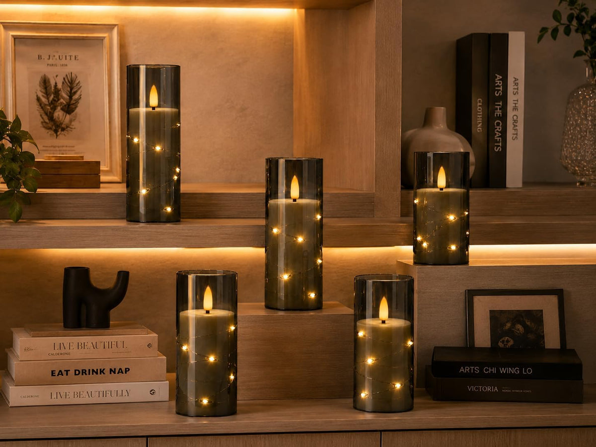 5 Pack Ivory Transparent Taper Candles, Black Wick Flickering Flameless LED Candles with Fairy Lights, Heat Resistant Reusable Plastic Candles, Remote Control, 14/14/16/18/20cm, Indoor Outdoor Decor