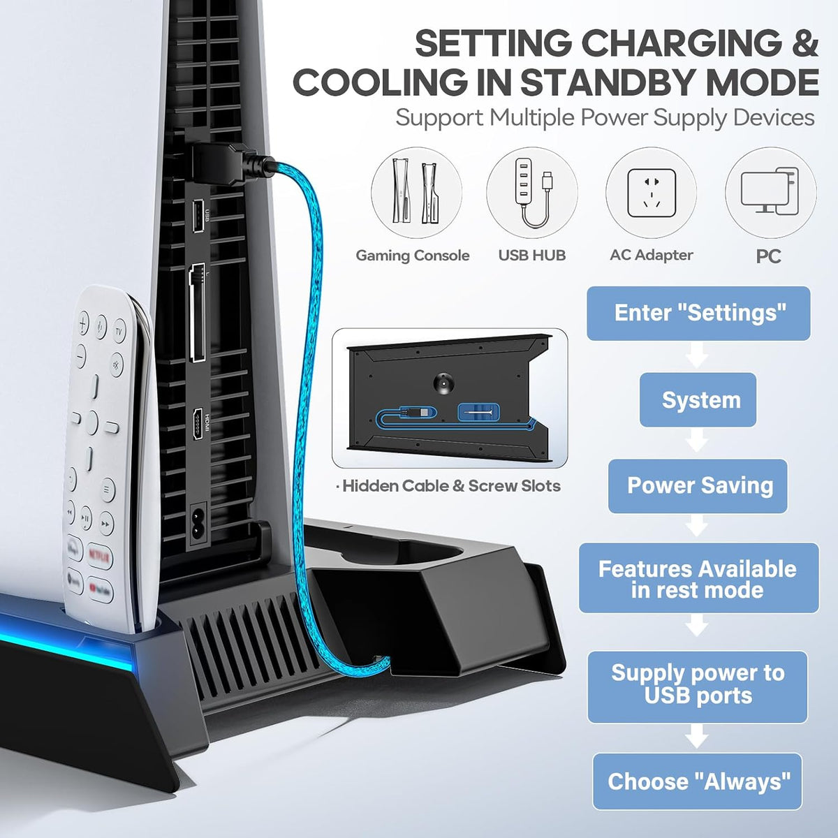 Rysker PS5/Slim/Pro Stand, PS5 Cooling Station Built-in 3-Level Cooling Fan & Fast Charger for Disc & Digital, PS 5 Accessories with Safety Screw and Headset Holder