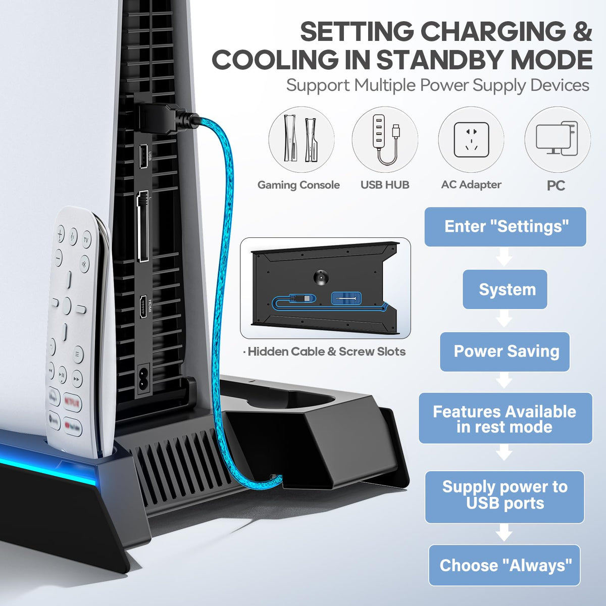 Rysker PS5/Slim/Pro Stand, PS5 Cooling Station Built-in 3-Level Cooling Fan & Fast Charger for Disc & Digital, PS 5 Accessories with Safety Screw and Headset Holder