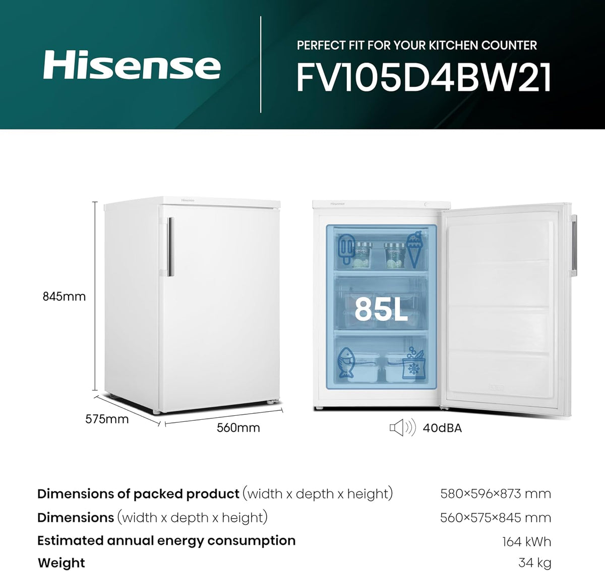 Hisense FV105D4BW21 56cm Under-Counter Freezer, 82-Litre Capacity, Reversible Door, 3 Freezer Drawers, White, E Rated