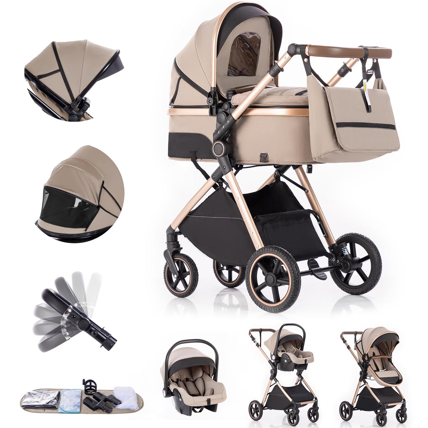 Gcarebb 3 in 1 Prams Travel System, Pushchair with Height Adjustable Handle, Travel Pram with Rain Cover, Baby Stroller with Aluminum Frame for Newborn