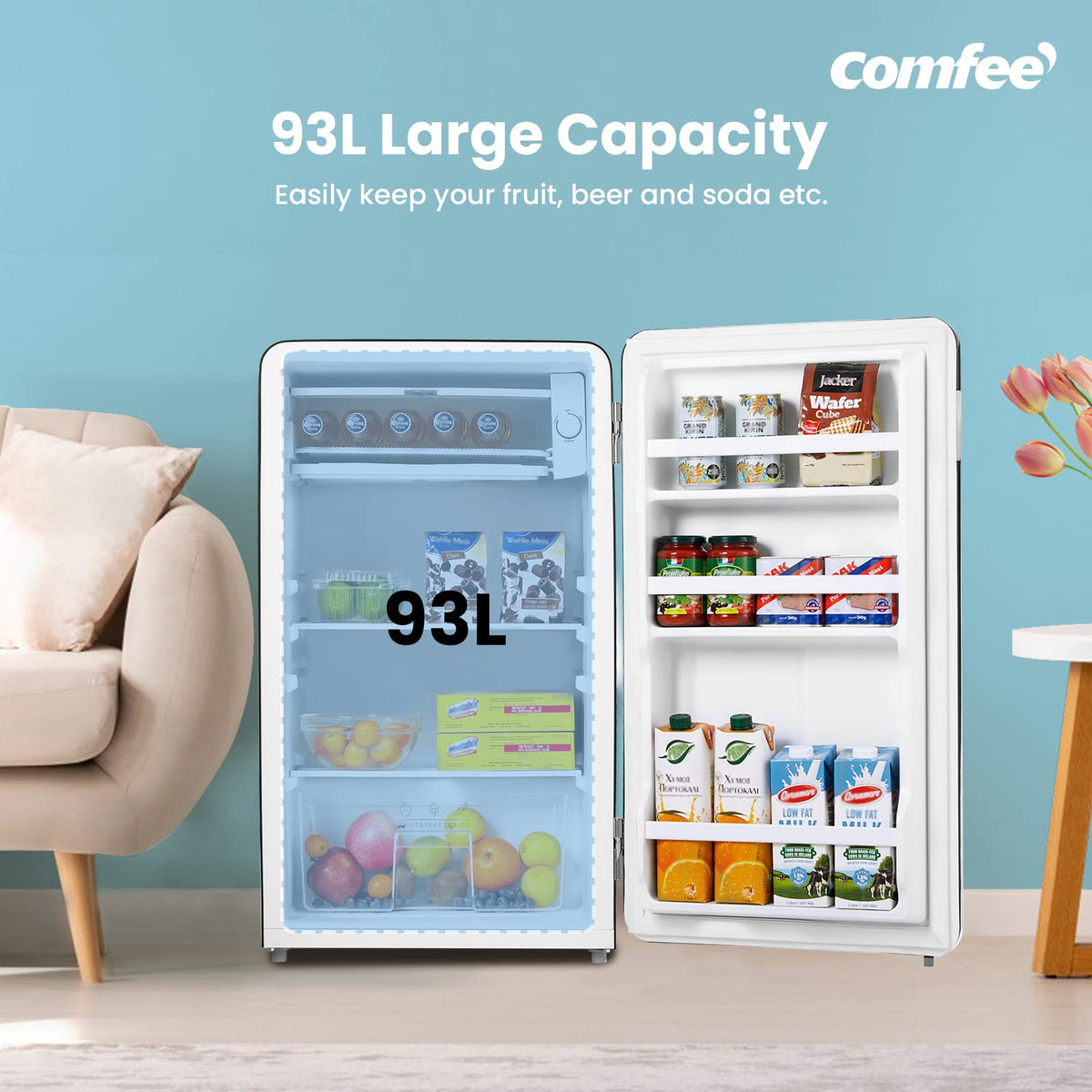 COMFEE' 88L Under Counter Fridge, Cooler Box, Removable Handle, Black