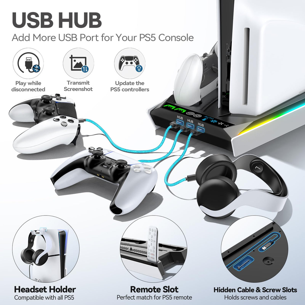 Rysker PS5/Slim/Pro Stand, PS5 Cooling Station Built-in 3-Level Cooling Fan & Fast Charger for Disc & Digital, PS 5 Accessories with Safety Screw and Headset Holder