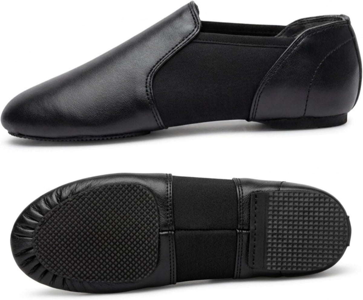 Slip On Jazz Dance Shoes - Black Leather - Modern Stage Rubber Heel Split Sole – Neoprene - Irish Dancing Pumps for Kids, Girls & Children