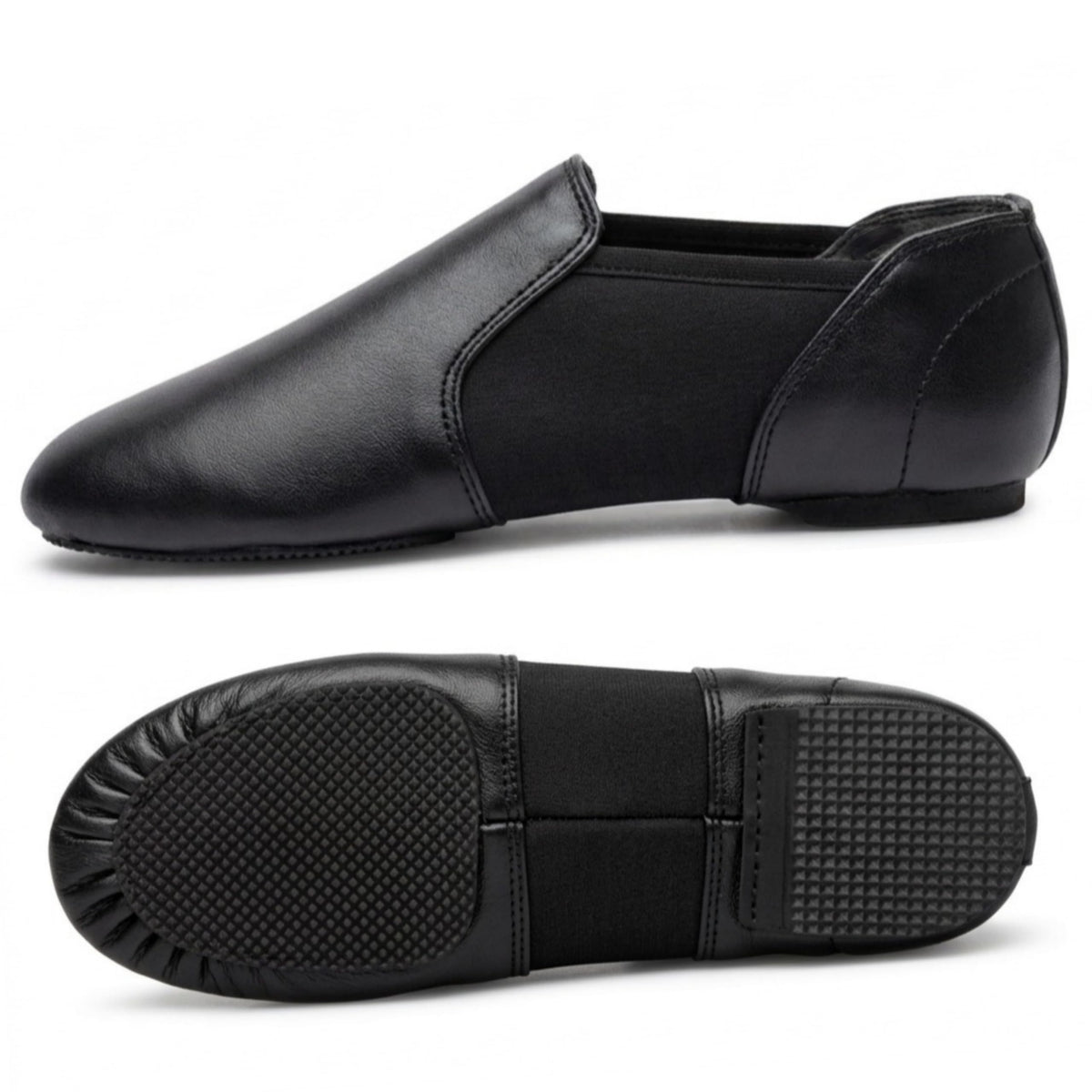 Slip On Jazz Dance Shoes - Black Leather - Modern Stage Rubber Heel Split Sole – Neoprene - Irish Dancing Pumps for Kids, Girls & Children