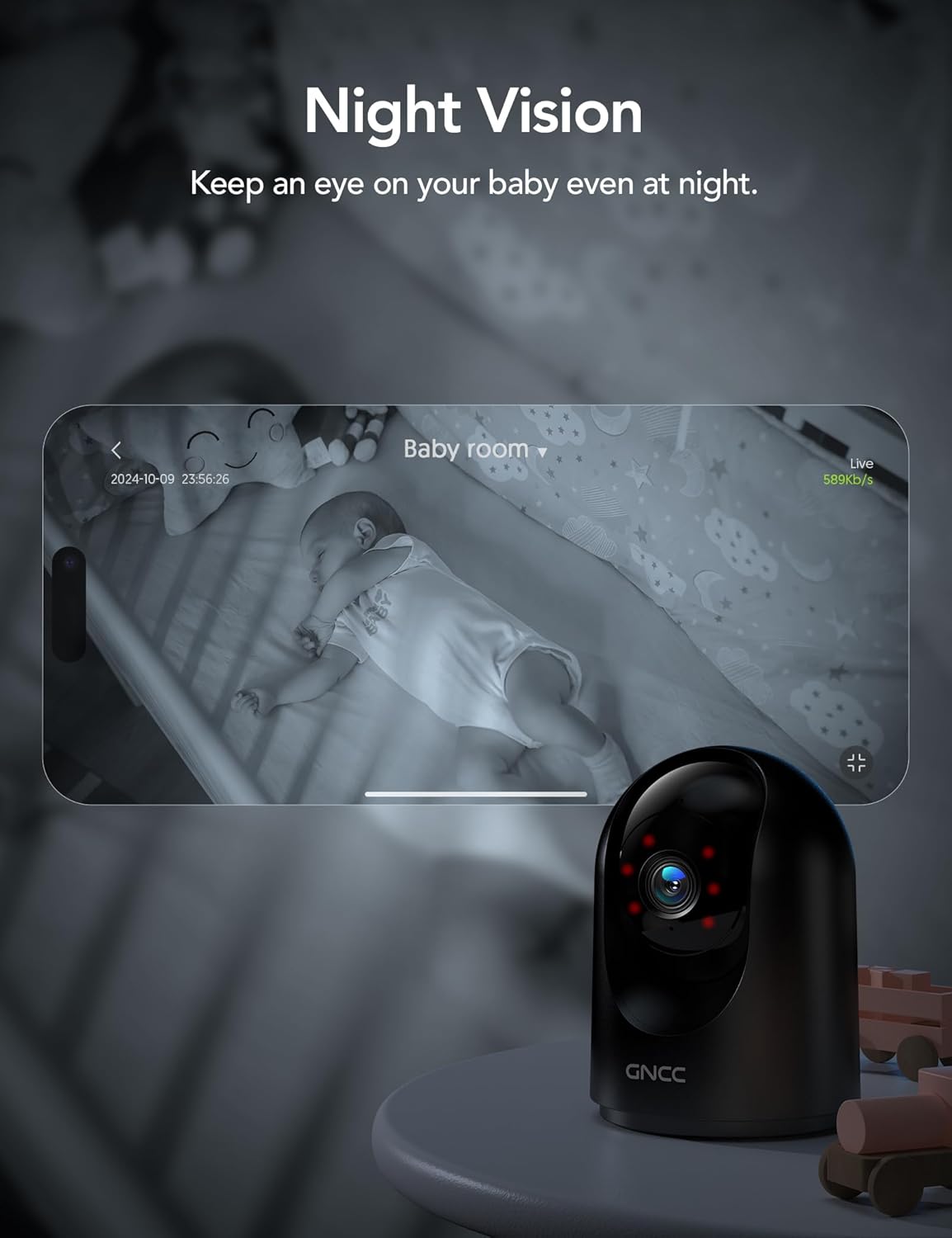 GNCC Indoor Dog Pet Camera with APP, Wifi Baby Monitor with Camera, Black