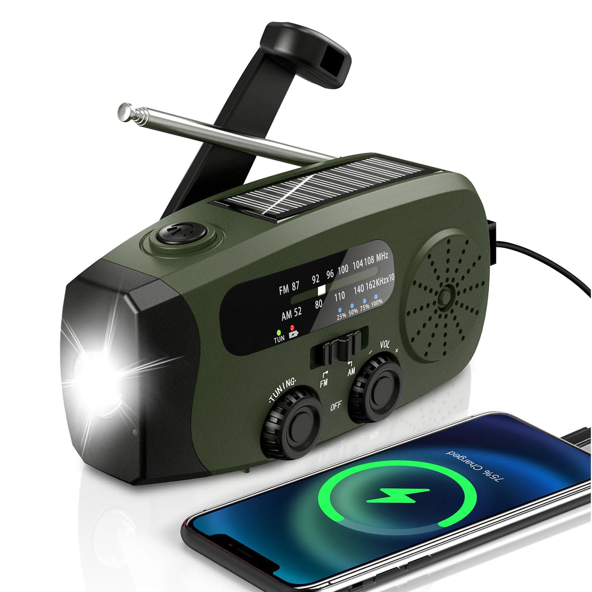 8000mAh Emergency Wind Up Radio, Hand Crank Solar, AM/FM Radio with 3-Mode Flashlight, 2-Mode Reading Lamp, SOS Alarm with USB Phone Charger for Emergency Outdoor