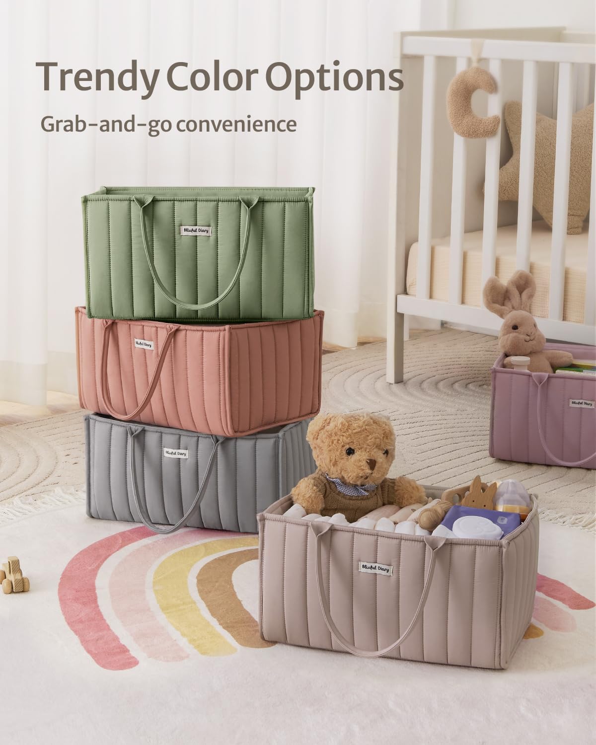 Blissful Diary Nappy Caddy Organiser, Baby Diaper Caddy for Nappy Station, Stylish Storage Basket for Newborn Essentials, Baby Shower Gifts for Girl or Boy, Woodland Cream