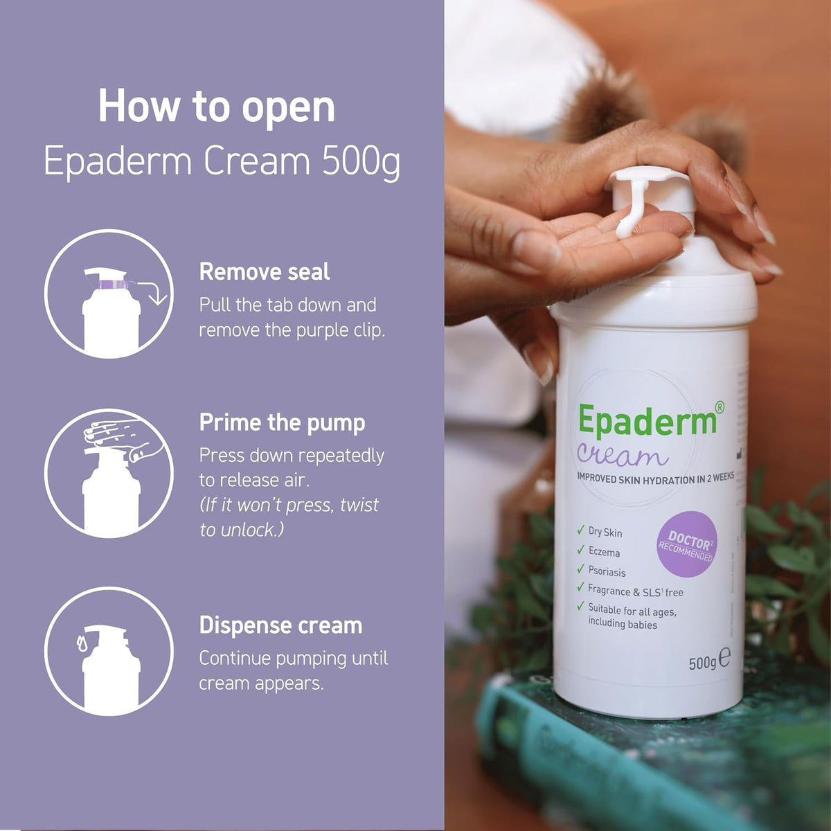 Epaderm Moisturising Cream for Dry Skin, including Eczema and Psoriasis, 500g Pump
