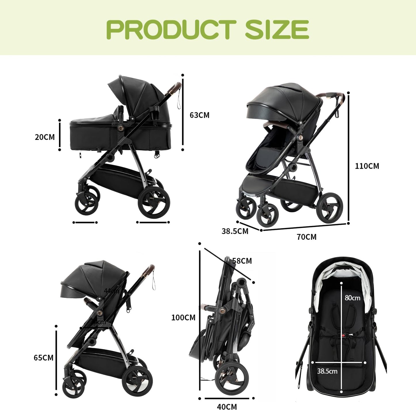Baby Stroller 3 in 1,Travel Pushchair's Lie-Flat Pram is Foldable, Stroller System Handle is Adjustable, The Wheels are Made of PU Material, Suitable for 0-3 Years-Khaki