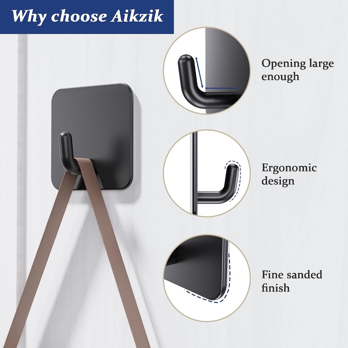 Aikzik 6 Pack Self Adhesive Hooks, Stainless Steel Sticky Hook Heavy Duty, Over 8kg Load - Hooks for Hanging for Towel, Coat, Key, Stick on Bathroom, Kitchen, Door and Wall, Black